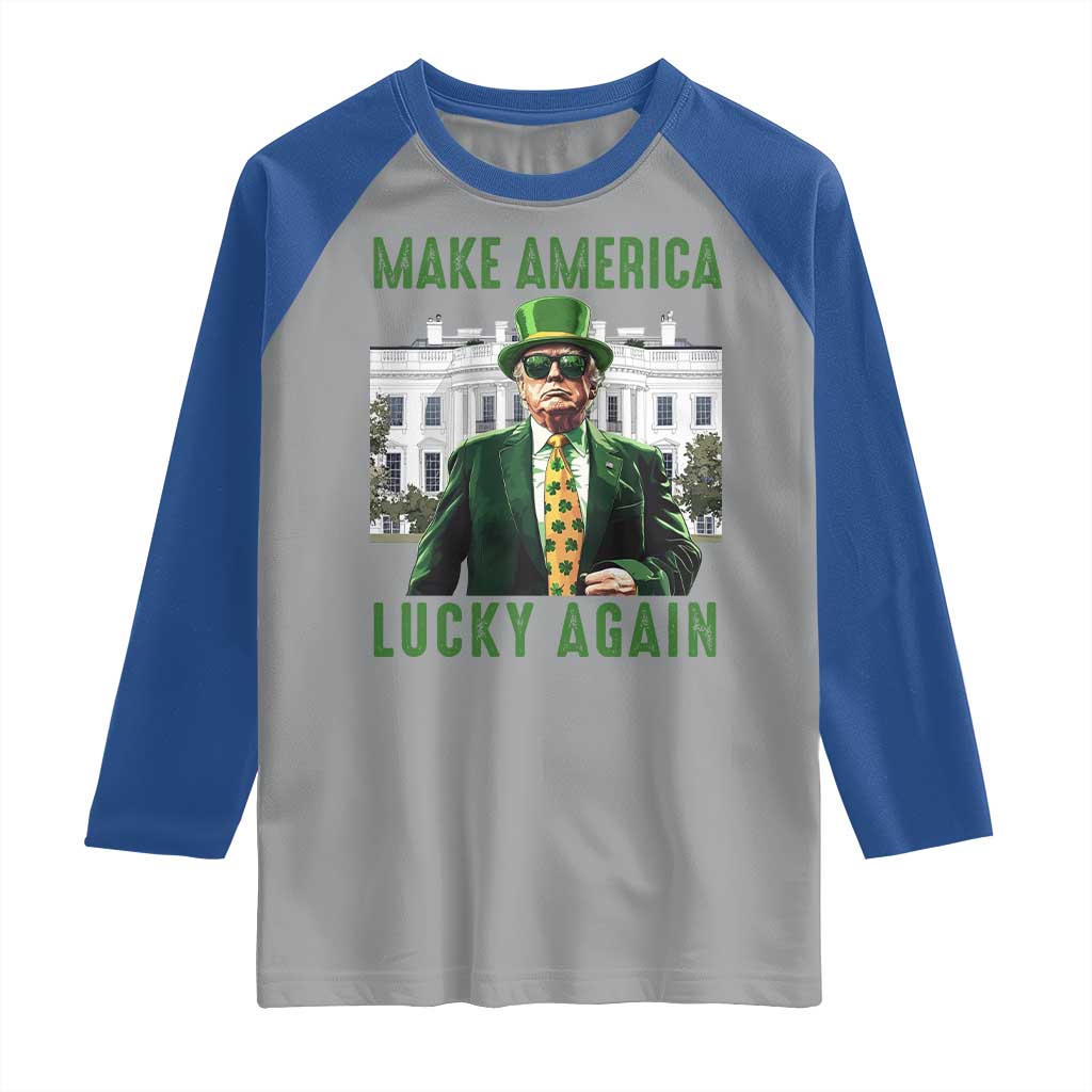 Funny St Patrick's Day Trump Raglan Shirt Make America Lucky Again Shamrock TS02 Sport Gray Royal Print Your Wear