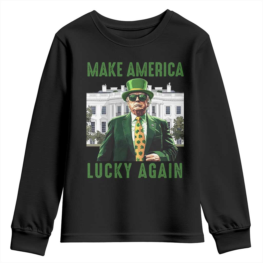 Funny St Patrick's Day Trump Youth Sweatshirt Make America Lucky Again Shamrock TS02 Black Print Your Wear