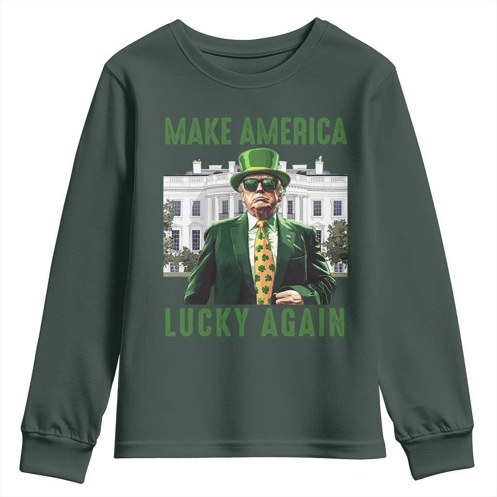 Funny St Patrick's Day Trump Youth Sweatshirt Make America Lucky Again Shamrock TS02 Dark Forest Green Print Your Wear