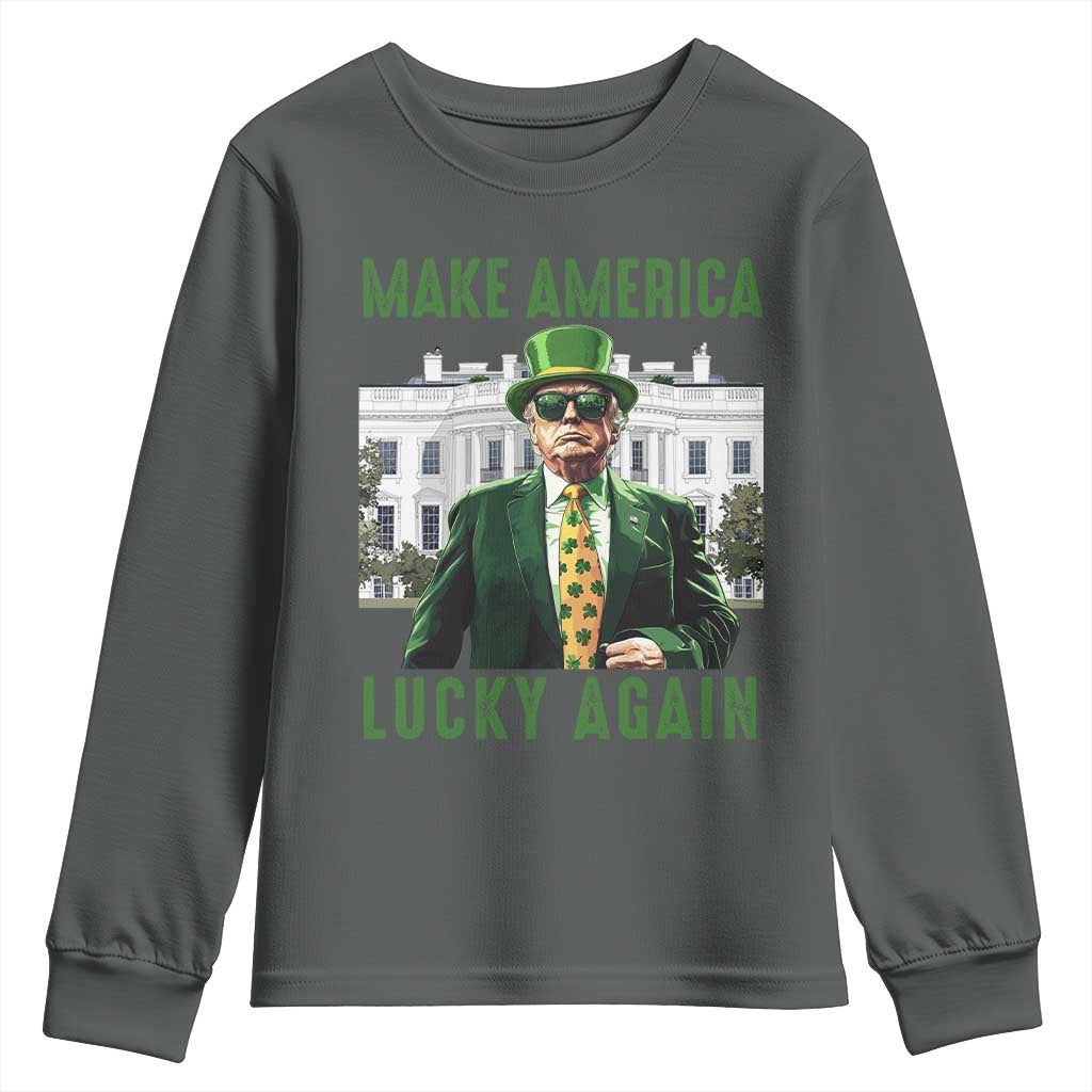 Funny St Patrick's Day Trump Youth Sweatshirt Make America Lucky Again Shamrock TS02 Dark Heather Print Your Wear