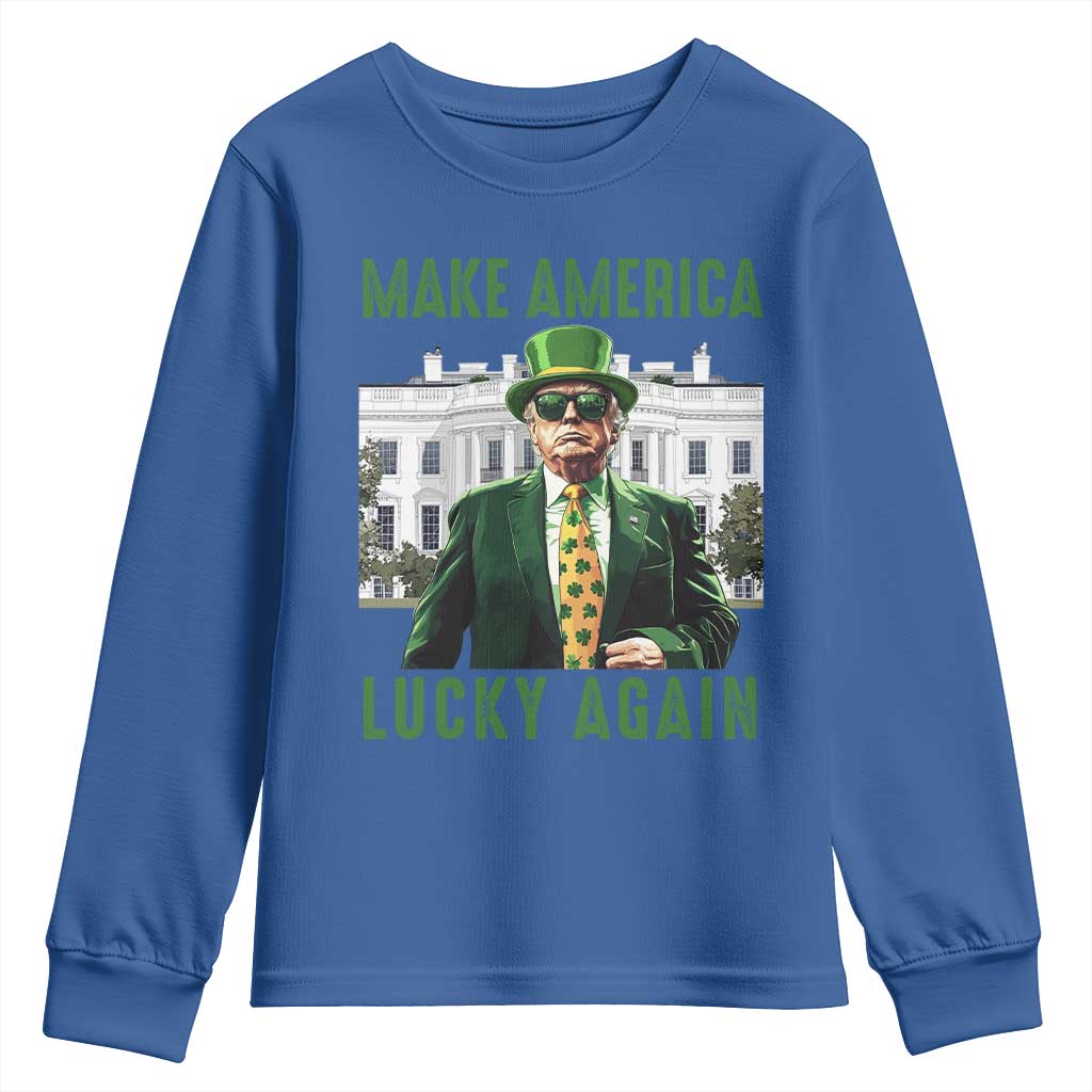 Funny St Patrick's Day Trump Youth Sweatshirt Make America Lucky Again Shamrock TS02 Royal Blue Print Your Wear