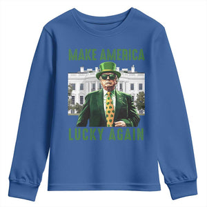 Funny St Patrick's Day Trump Youth Sweatshirt Make America Lucky Again Shamrock TS02 Royal Blue Print Your Wear