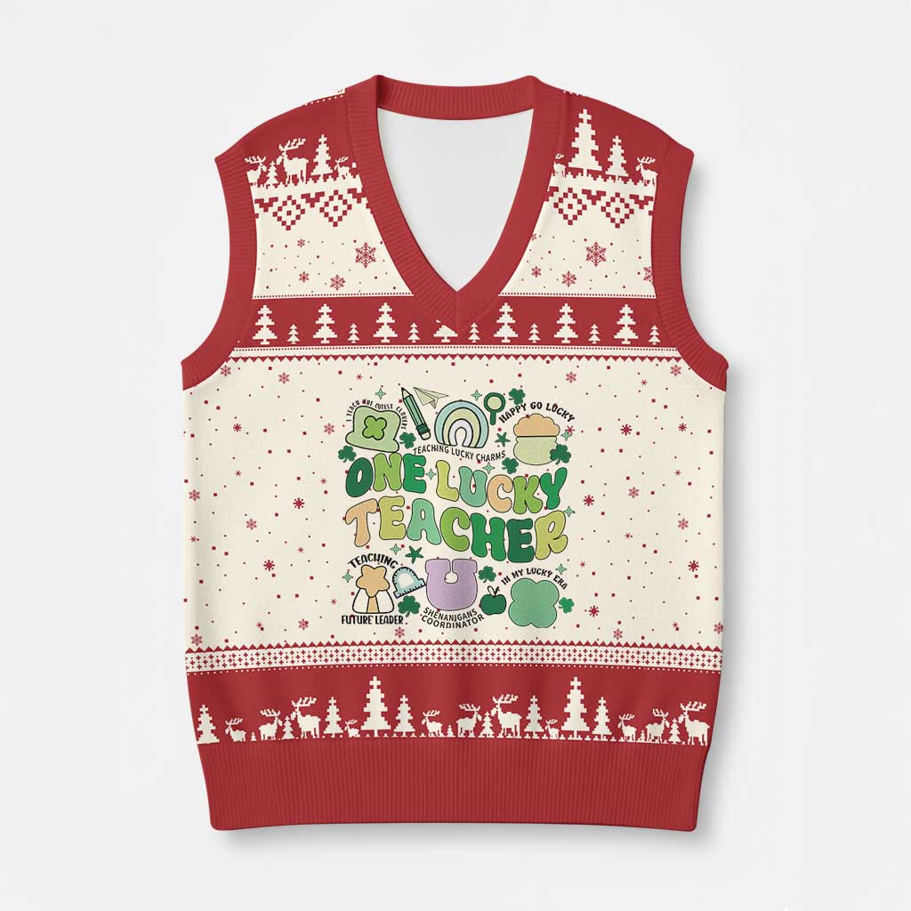 Teachers St Patrick's Day V-Neck Knit Sweater Vest One Lucky Teacher Retro Groovy TS02 Beige Red Print Your Wear