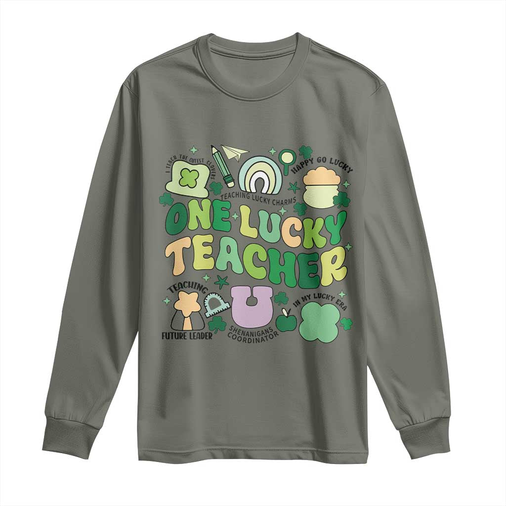 Teachers St Patrick's Day Long Sleeve Shirt One Lucky Teacher Retro Groovy TS02 Military Green Print Your Wear
