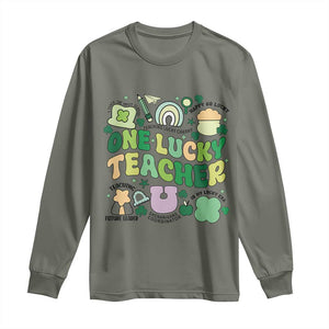Teachers St Patrick's Day Long Sleeve Shirt One Lucky Teacher Retro Groovy TS02 Military Green Print Your Wear