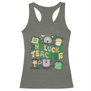 Teachers St Patrick's Day Racerback Tank Top One Lucky Teacher Retro Groovy TS02 Military Green Print Your Wear