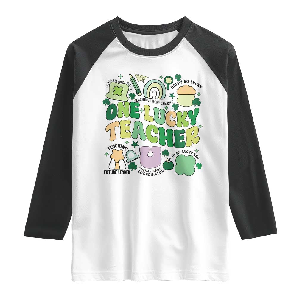 Teachers St Patrick's Day Raglan Shirt One Lucky Teacher Retro Groovy TS02 White Black Print Your Wear