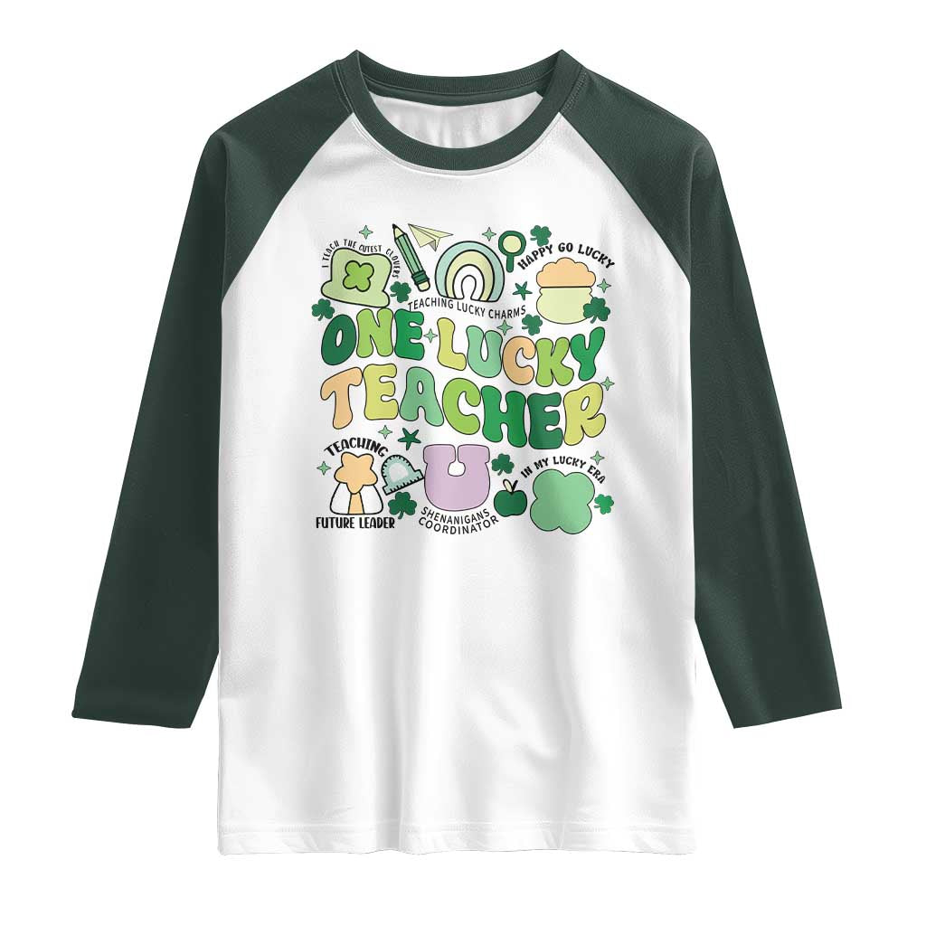Teachers St Patrick's Day Raglan Shirt One Lucky Teacher Retro Groovy TS02 White Dark Forest Green Print Your Wear