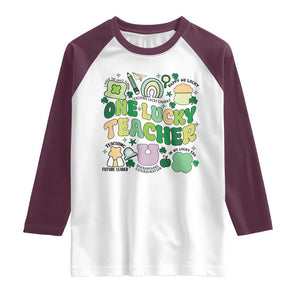 Teachers St Patrick's Day Raglan Shirt One Lucky Teacher Retro Groovy TS02 White Maroon Print Your Wear