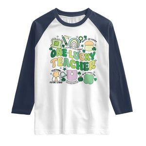 Teachers St Patrick's Day Raglan Shirt One Lucky Teacher Retro Groovy TS02 White Navy Print Your Wear