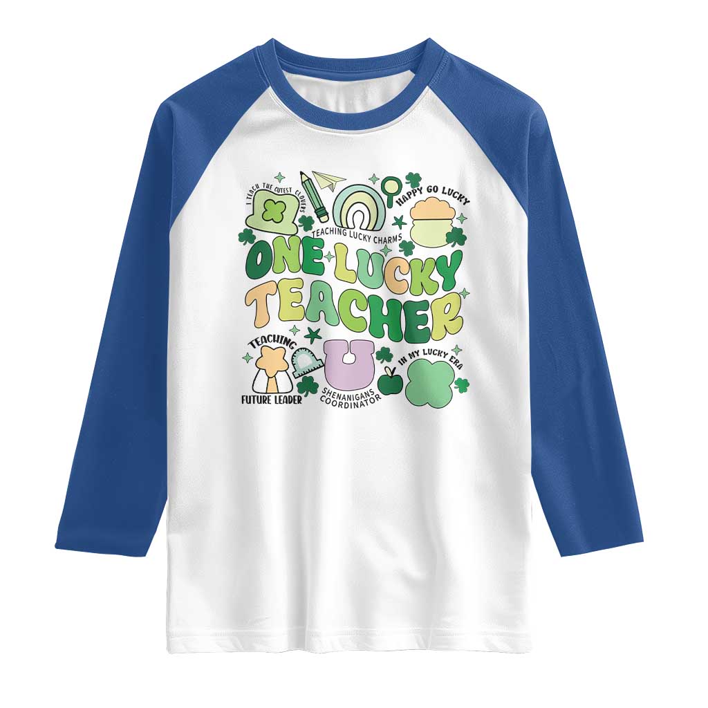 Teachers St Patrick's Day Raglan Shirt One Lucky Teacher Retro Groovy TS02 White Royal Print Your Wear
