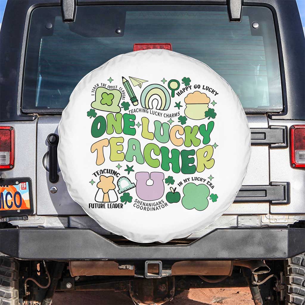 Teachers St Patrick's Day Spare Tire Cover One Lucky Teacher Retro Groovy TS02 No hole White Print Your Wear