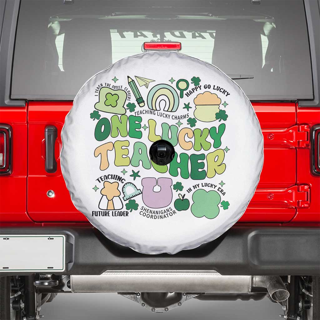 Teachers St Patrick's Day Spare Tire Cover One Lucky Teacher Retro Groovy TS02 White Print Your Wear