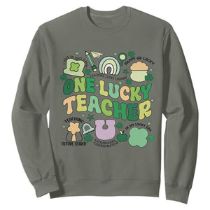 Teachers St Patrick's Day Sweatshirt One Lucky Teacher Retro Groovy TS02 Military Green Print Your Wear