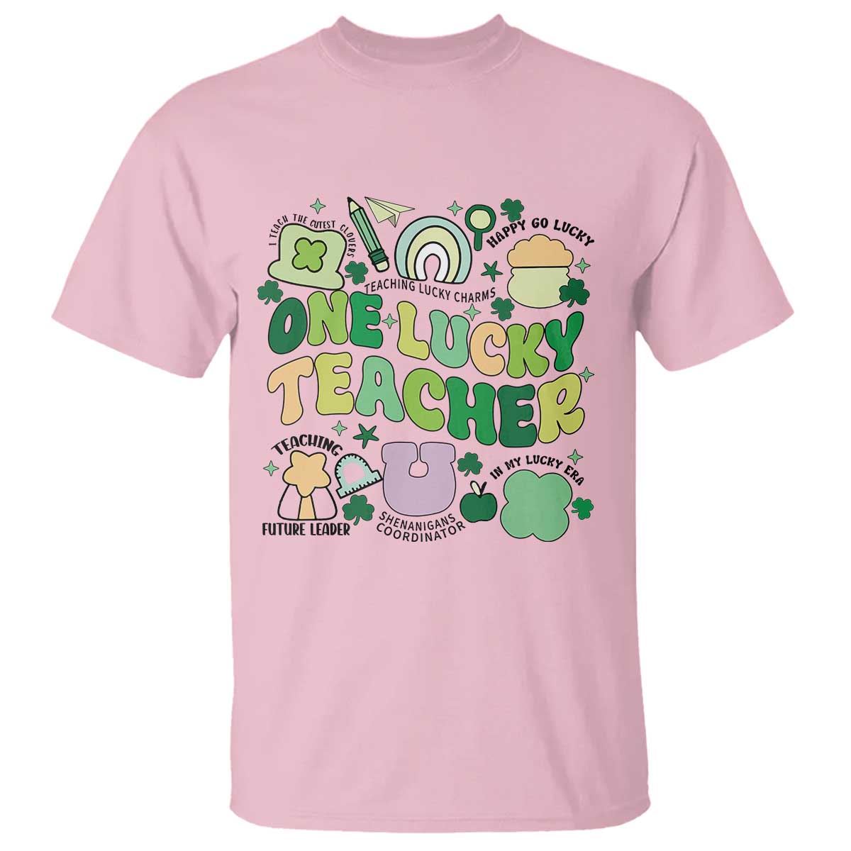 Teachers St Patrick's Day T Shirt One Lucky Teacher Retro Groovy TS02 Light Pink Print Your Wear