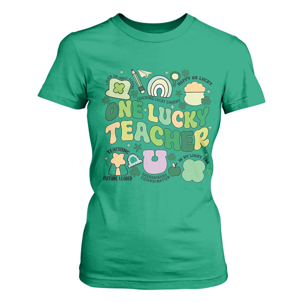 Teachers St Patrick's Day T Shirt For Women One Lucky Teacher Retro Groovy TS02 Irish Green Print Your Wear