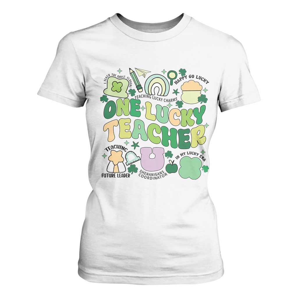 Teachers St Patrick's Day T Shirt For Women One Lucky Teacher Retro Groovy TS02 White Print Your Wear