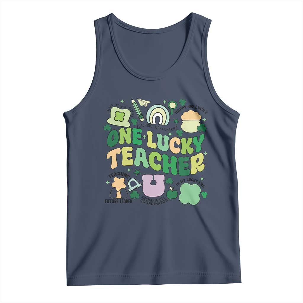 Teachers St Patrick's Day Tank Top One Lucky Teacher Retro Groovy TS02 Navy Print Your Wear