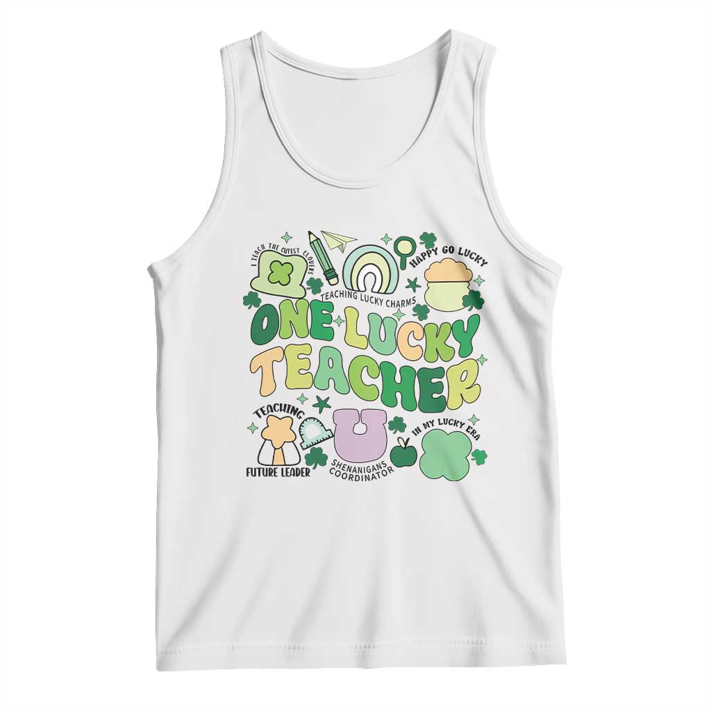 Teachers St Patrick's Day Tank Top One Lucky Teacher Retro Groovy TS02 White Print Your Wear