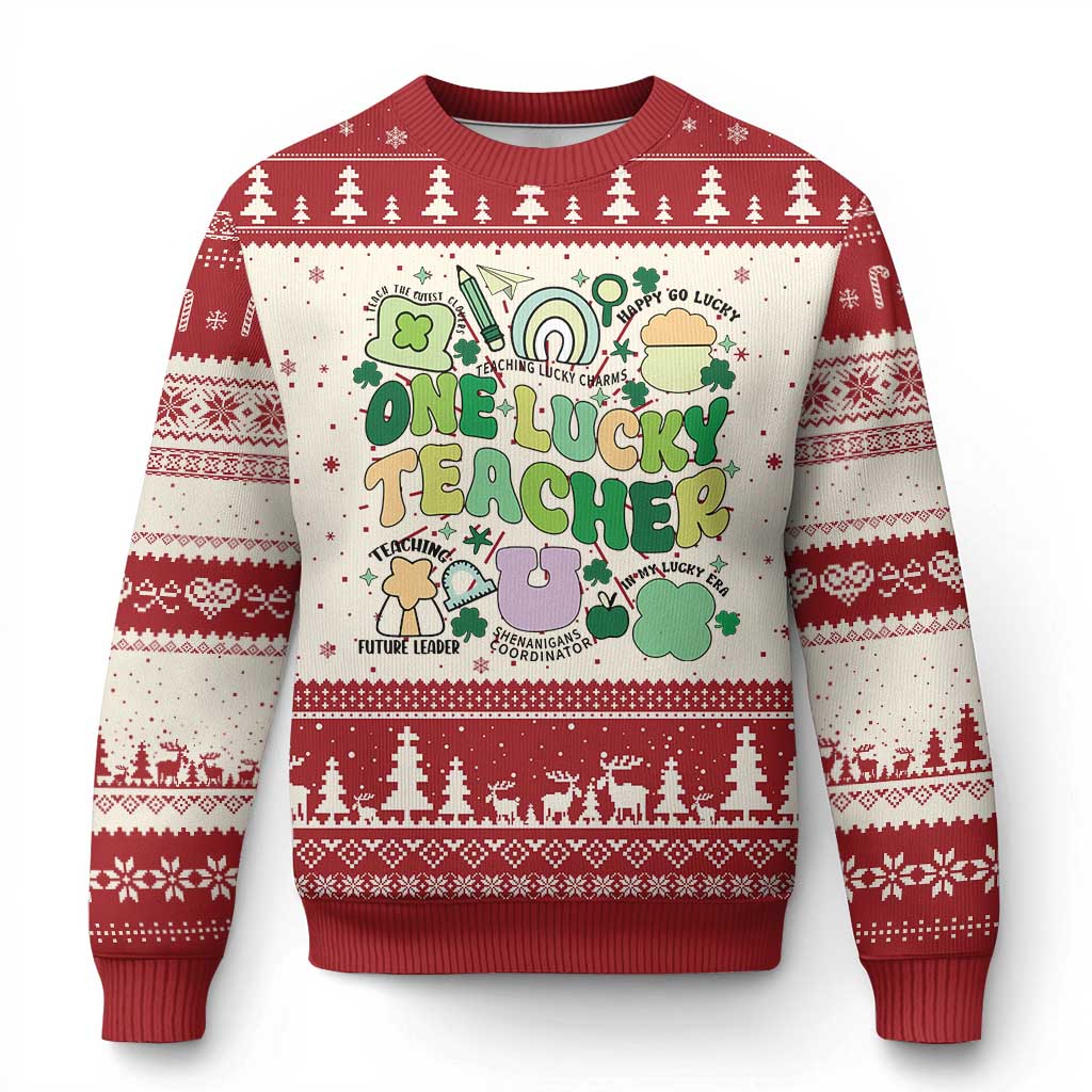 Teachers St Patrick's Day Knit Sweatshirt One Lucky Teacher Retro Groovy TS02 Red Print Your Wear