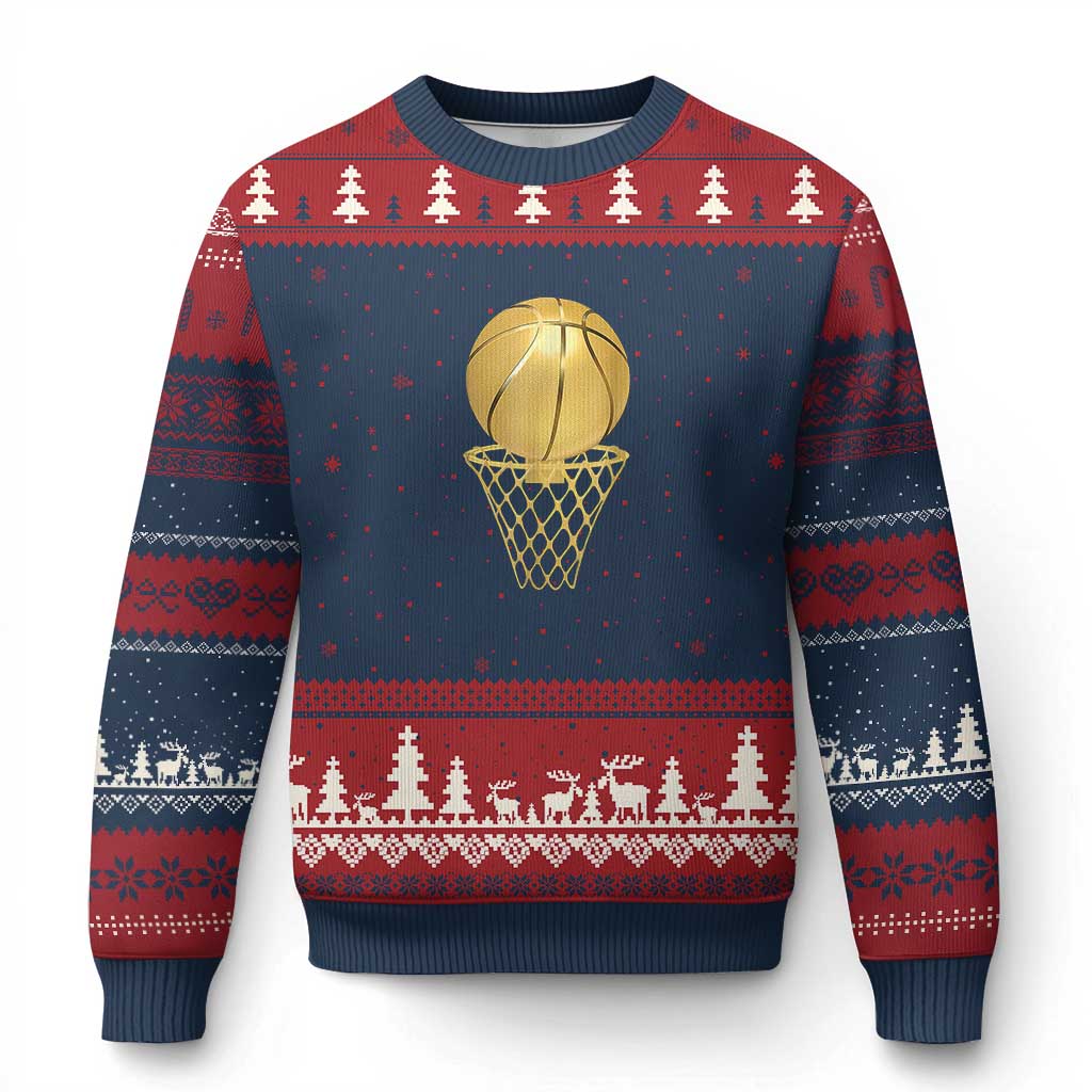 Golden Basketball Hoop Ugly Christmas Sweater Trophy Game Player Coach Sports Lover TS02 Navy Red Print Your Wear
