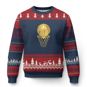 Golden Basketball Hoop Ugly Christmas Sweater Trophy Game Player Coach Sports Lover TS02 Navy Red Print Your Wear