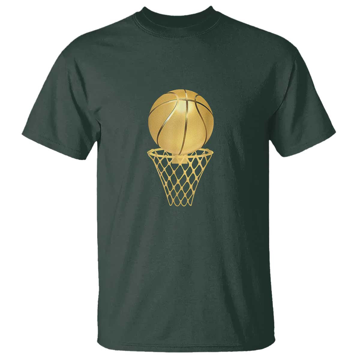 Golden Basketball Hoop T Shirt Trophy Game Player Coach Sports Lover TS02 Dark Forest Green Print Your Wear
