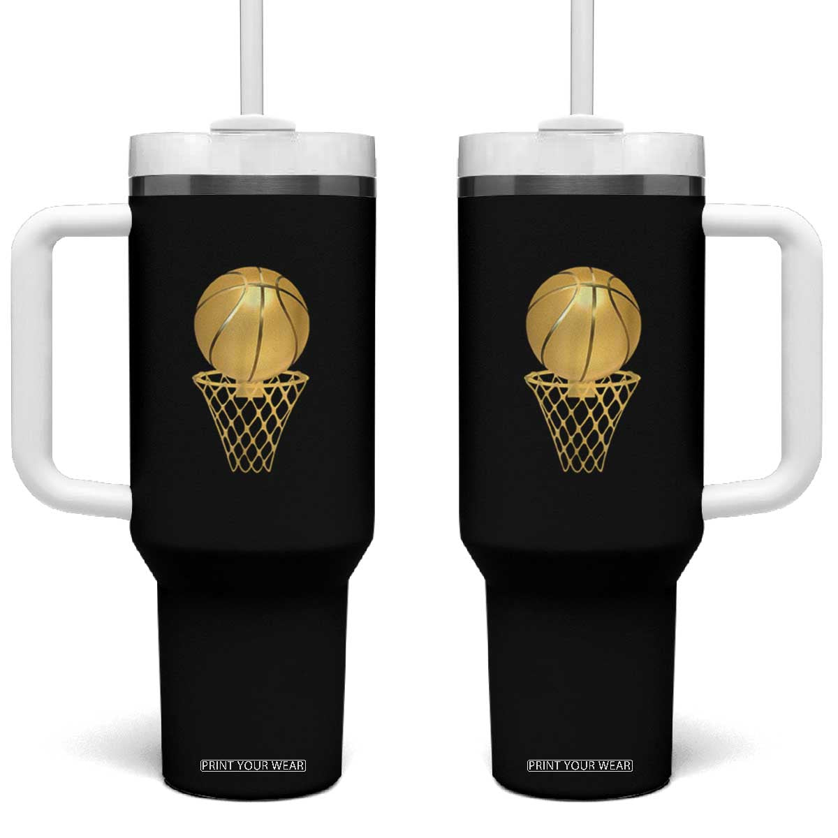 Golden Basketball Hoop Tumbler With Handle Trophy Game Player Coach Sports Lover TS02 One Size: 40 oz Black Print Your Wear