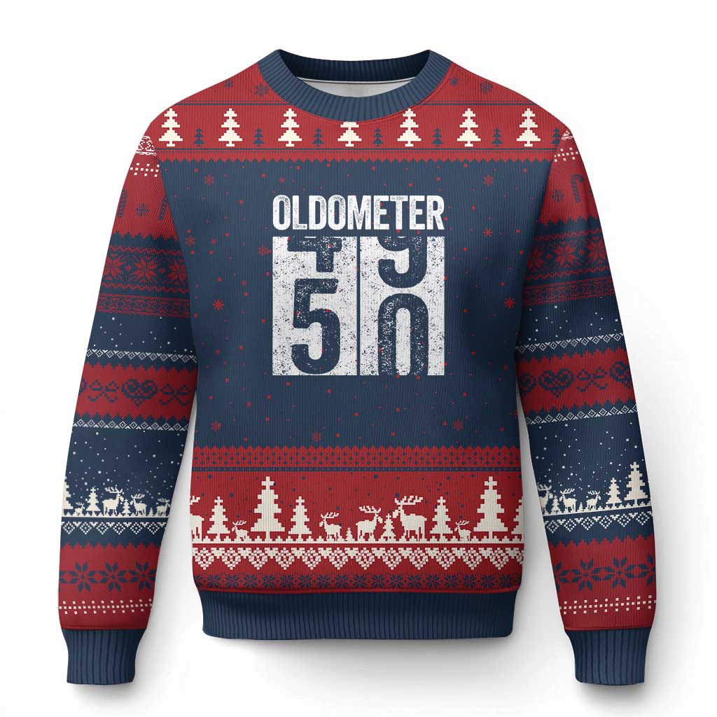 Oldometer 50 Birthday Ugly Christmas Sweater Funny Vintage Aged to Perfection TS02 Navy Red Print Your Wear