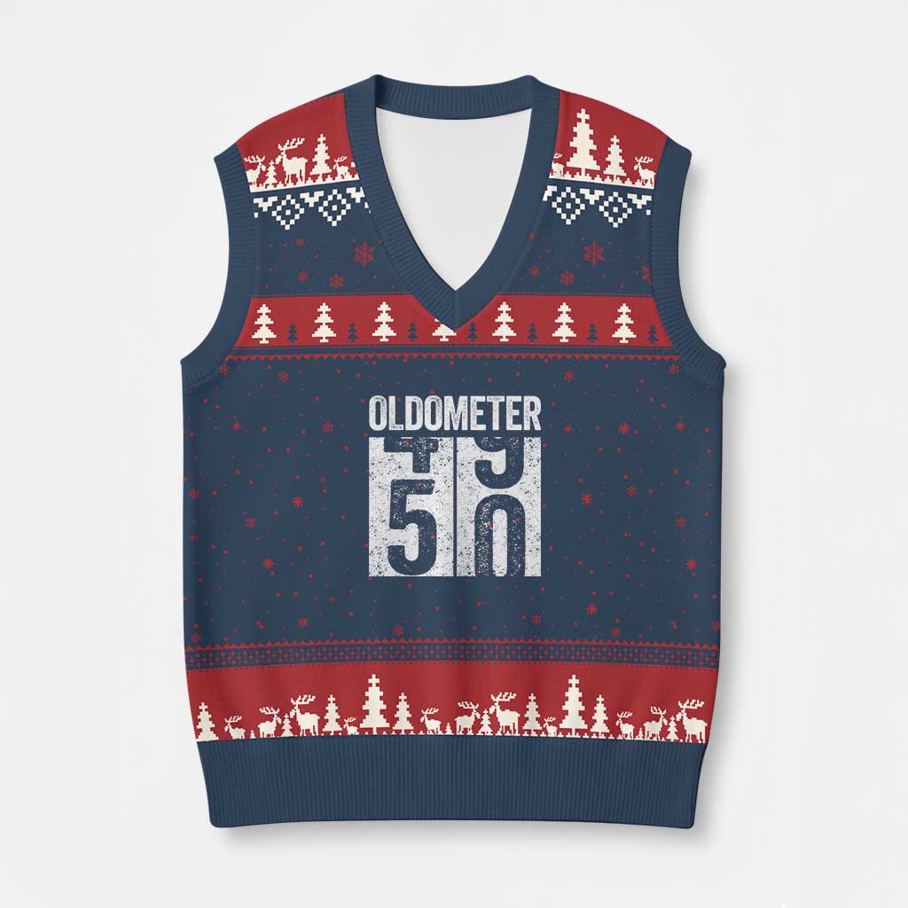 Oldometer 50 Birthday V-Neck Knit Sweater Vest Funny Vintage Aged to Perfection TS02 Navy Red Print Your Wear