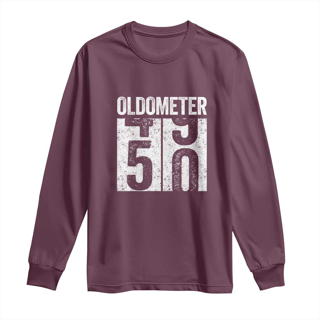 Oldometer 50 Birthday Long Sleeve Shirt Funny Vintage Aged to Perfection TS02 Maroon Print Your Wear