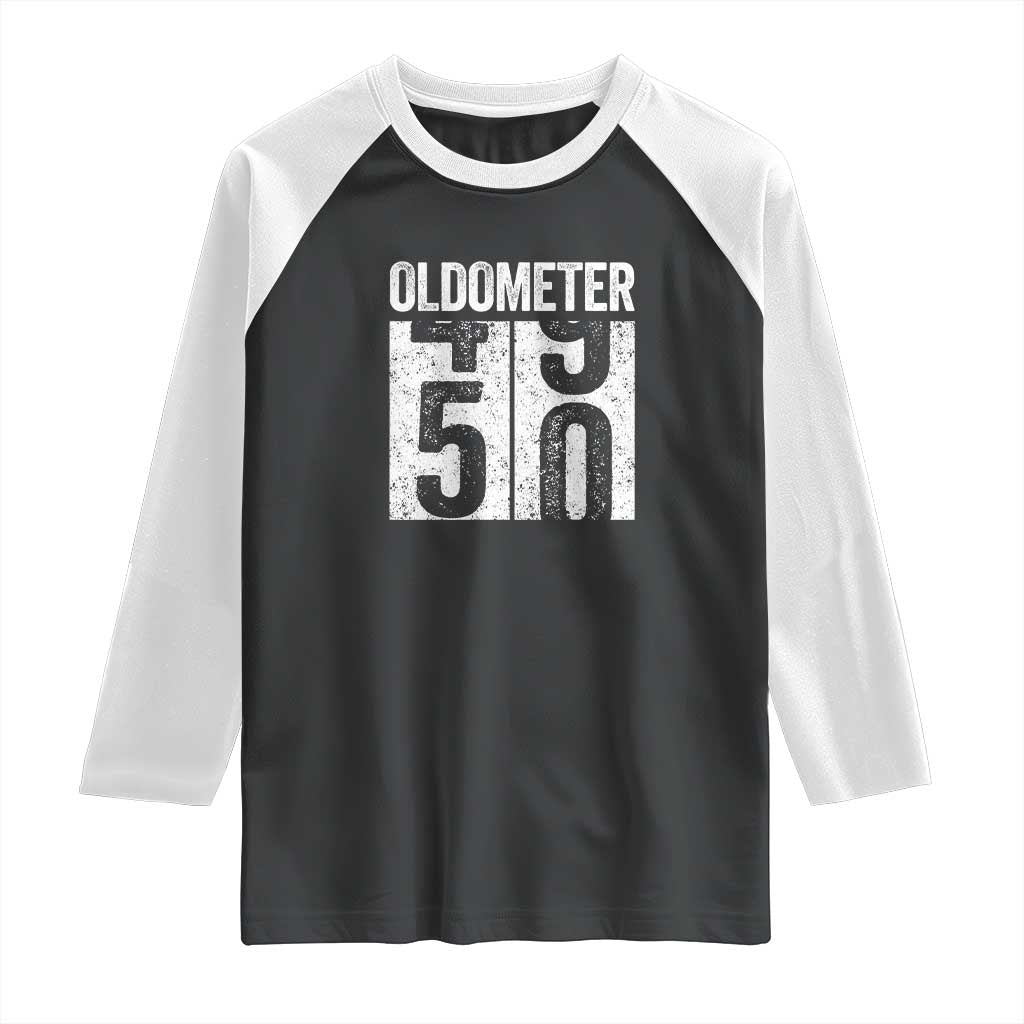 Oldometer 50 Birthday Raglan Shirt Funny Vintage Aged to Perfection TS02 Black White Print Your Wear