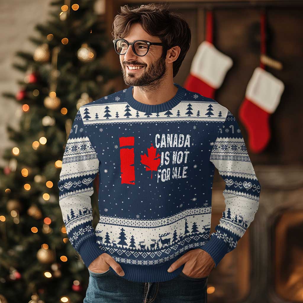 Canada Is Not For Sale Ugly Christmas Sweater Maple Leaf Candadian Flag Distressed TS02 Navy Beige Print Your Wear