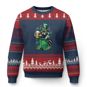 Funny St.Patrick's Day Raccoon Ugly Christmas Sweater Patrick Drinking Irish TS02 Navy Red Print Your Wear