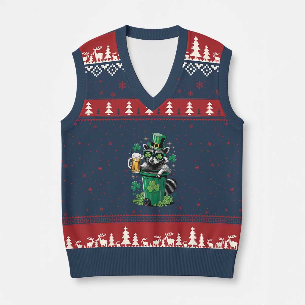 Funny St.Patrick's Day Raccoon V-Neck Knit Sweater Vest Patrick Drinking Irish TS02 Navy Red Print Your Wear