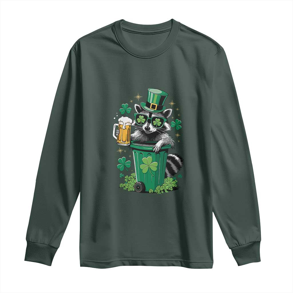 Funny St.Patrick's Day Raccoon Long Sleeve Shirt Patrick Drinking Irish TS02 Dark Forest Green Print Your Wear