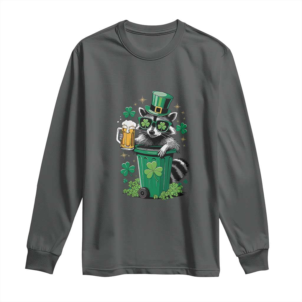 Funny St.Patrick's Day Raccoon Long Sleeve Shirt Patrick Drinking Irish TS02 Dark Heather Print Your Wear