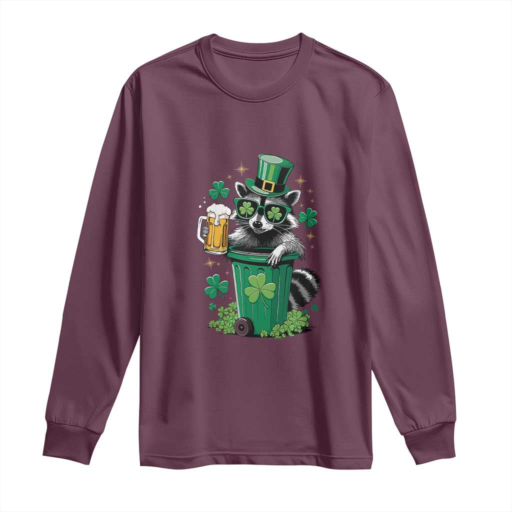 Funny St.Patrick's Day Raccoon Long Sleeve Shirt Patrick Drinking Irish TS02 Maroon Print Your Wear