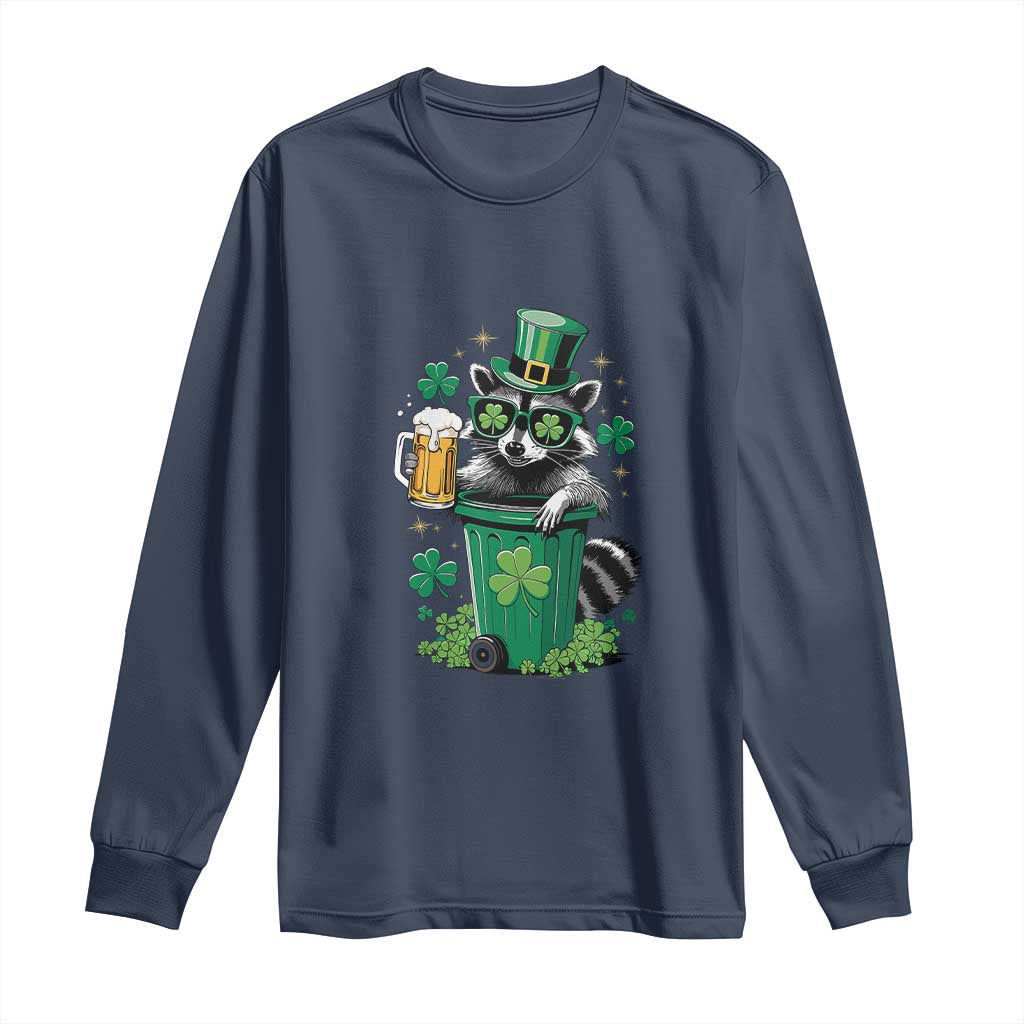Funny St.Patrick's Day Raccoon Long Sleeve Shirt Patrick Drinking Irish TS02 Navy Print Your Wear