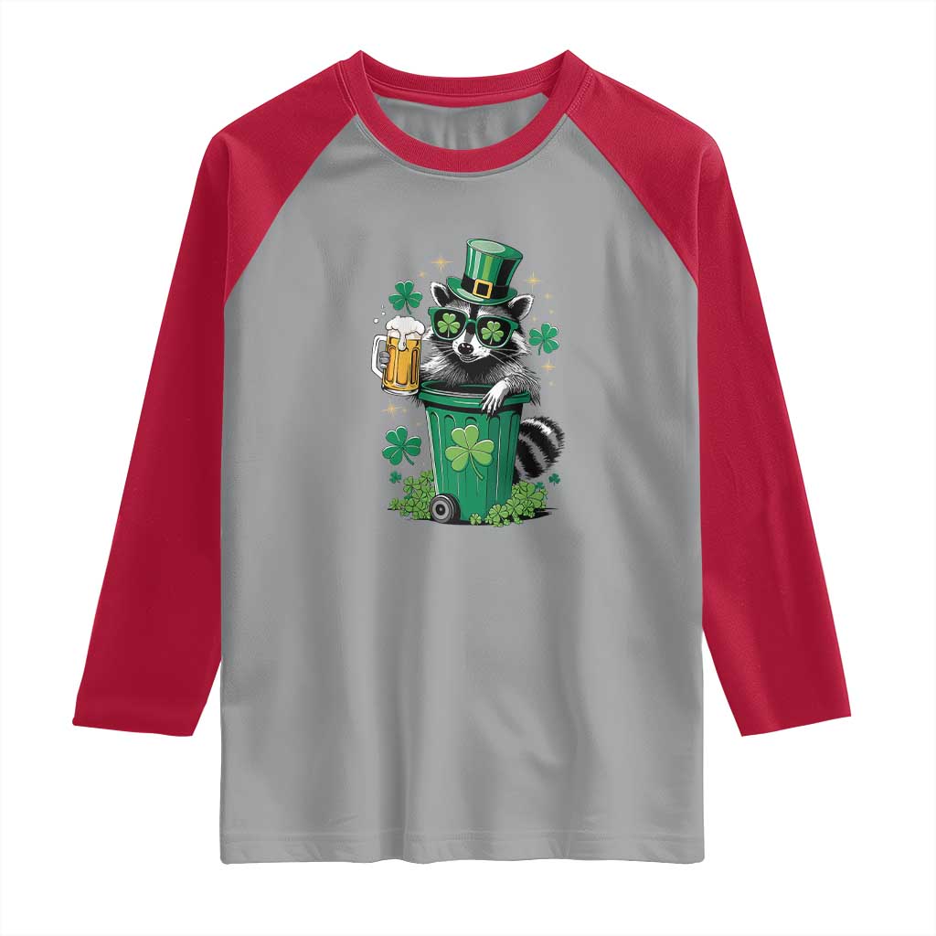 Funny St.Patrick's Day Raccoon Raglan Shirt Patrick Drinking Irish TS02 Sport Gray Red Print Your Wear