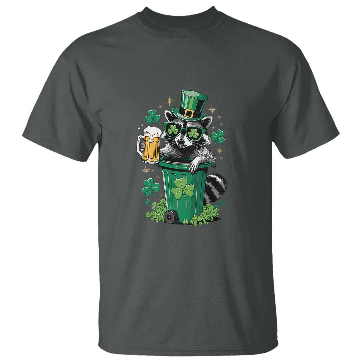 Funny St.Patrick's Day Raccoon T Shirt Patrick Drinking Irish TS02 Dark Heather Print Your Wear
