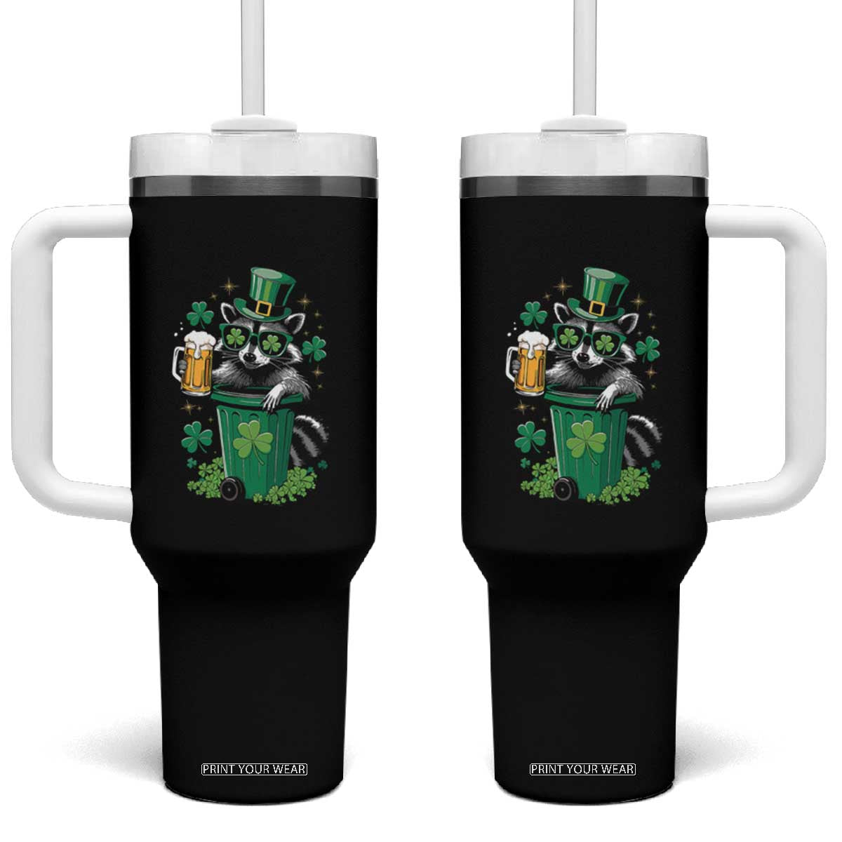 Funny St.Patrick's Day Raccoon Tumbler With Handle Patrick Drinking Irish TS02 One Size: 40 oz Black Print Your Wear