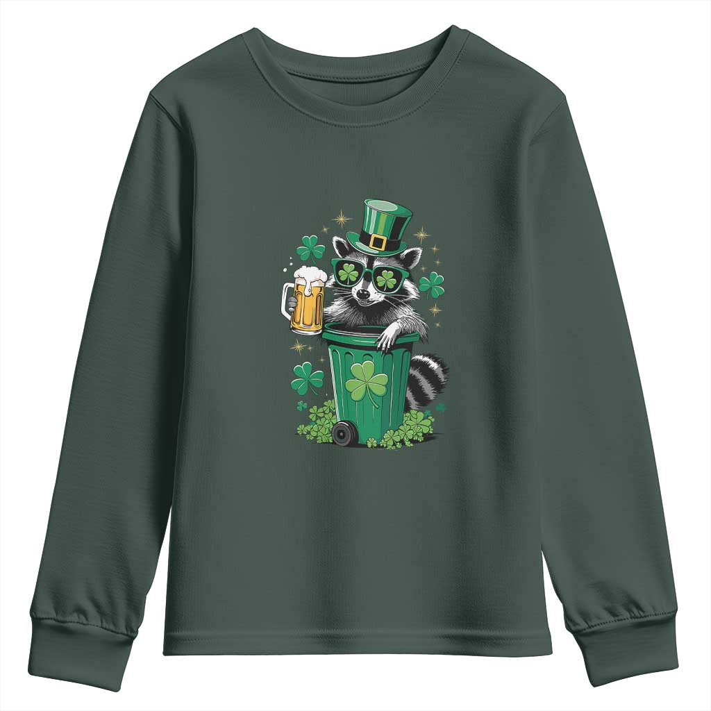 Funny St.Patrick's Day Raccoon Youth Sweatshirt Patrick Drinking Irish TS02 Dark Forest Green Print Your Wear