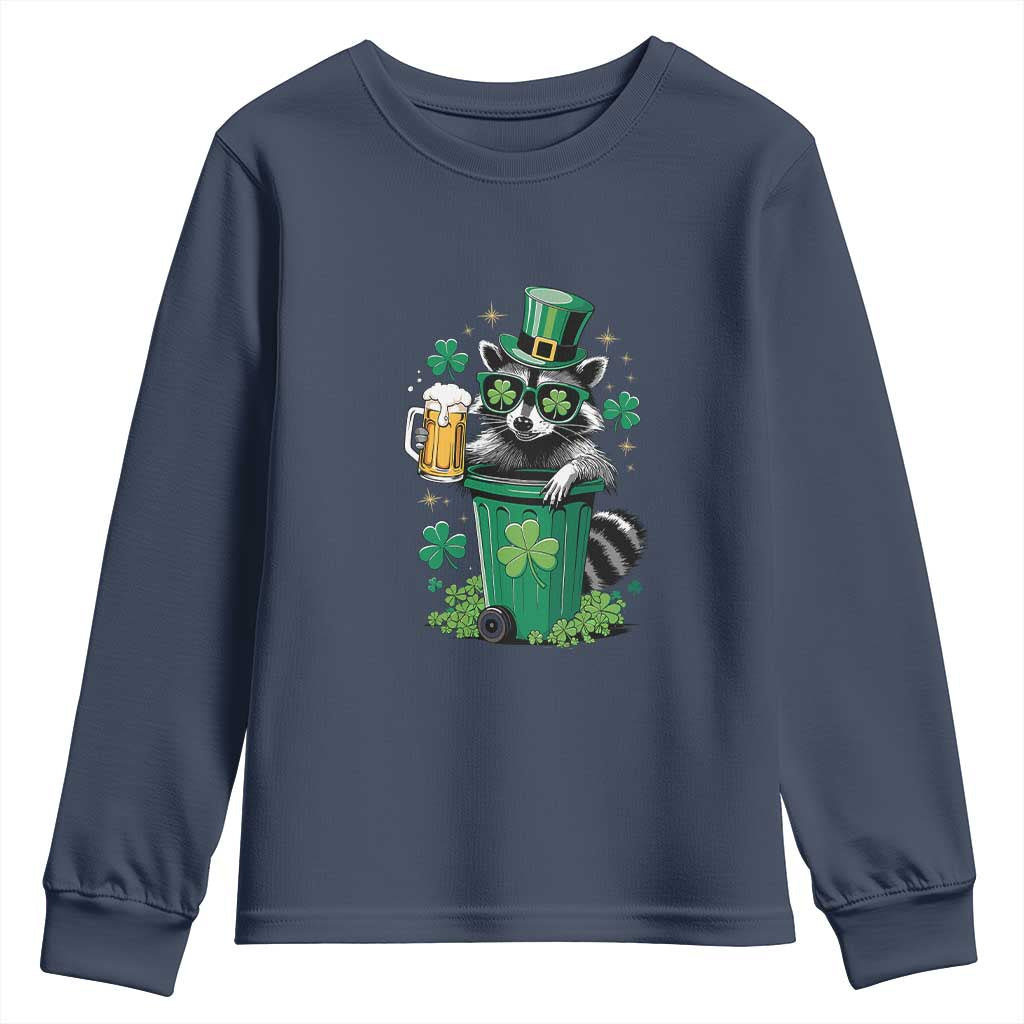 Funny St.Patrick's Day Raccoon Youth Sweatshirt Patrick Drinking Irish TS02 Navy Print Your Wear