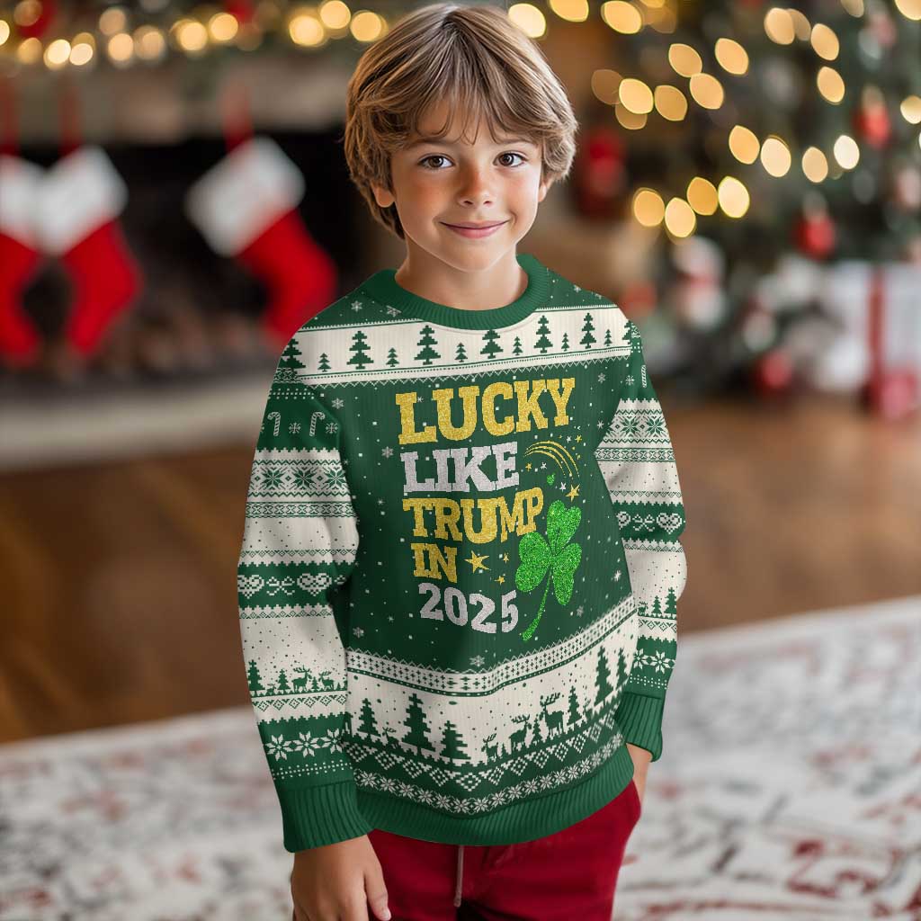 Lucky Like Trump in 2025 Ugly Christmas Sweater Funny St Patrick's Day Shamrock TS02 Forest Green Beige Print Your Wear