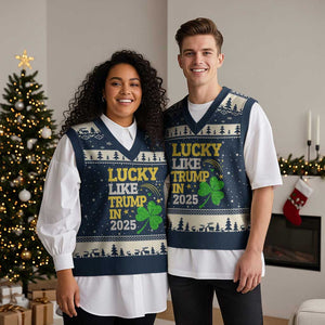Lucky Like Trump in 2025 V-Neck Knit Sweater Vest Funny St Patrick's Day Shamrock TS02 Navy Beige Print Your Wear