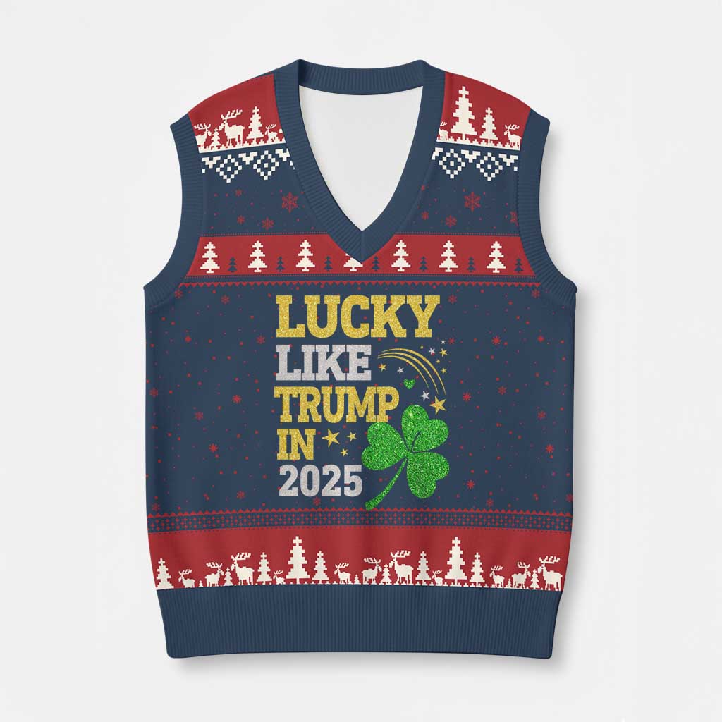 Lucky Like Trump in 2025 V-Neck Knit Sweater Vest Funny St Patrick's Day Shamrock TS02 Navy Red Print Your Wear