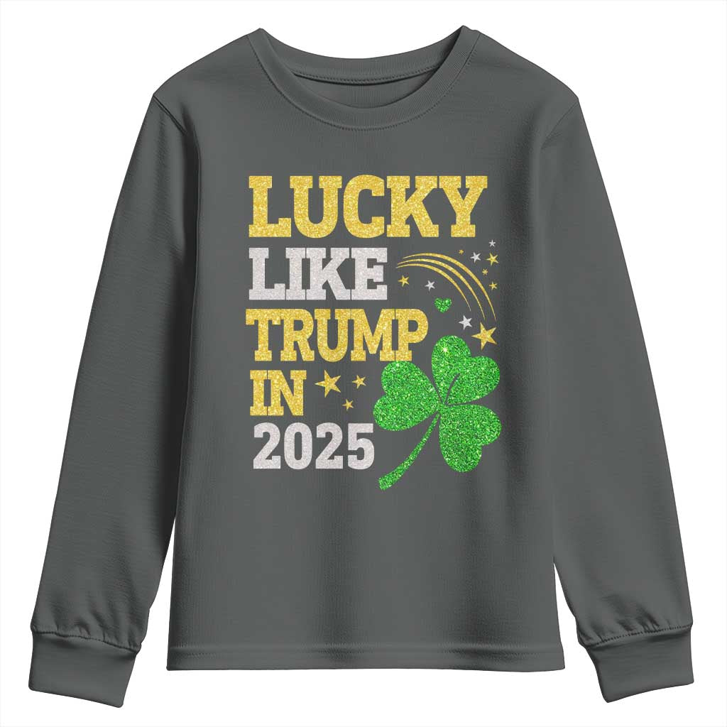 Lucky Like Trump in 2025 Youth Sweatshirt Funny St Patrick's Day Shamrock TS02 Dark Heather Print Your Wear
