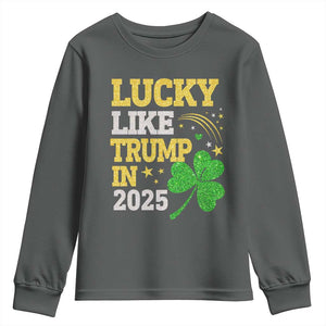 Lucky Like Trump in 2025 Youth Sweatshirt Funny St Patrick's Day Shamrock TS02 Dark Heather Print Your Wear