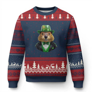 Funny Groundhog Leprechaun Ugly Christmas Sweater Woodchuck Happy St Patrick's Day TS02 Navy Red Print Your Wear
